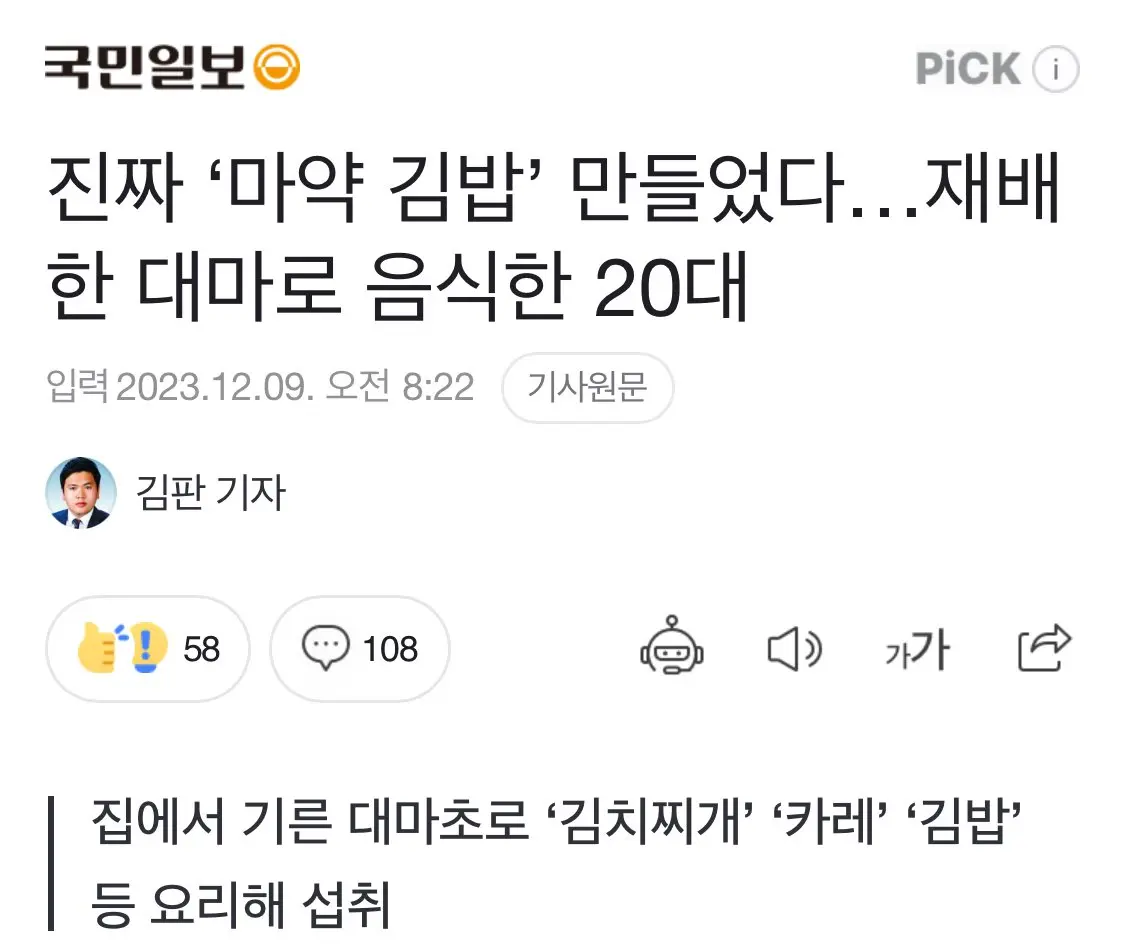 진짜 “마약김밥” 만들어 먹은 20대 실형 | mbong.kr 엠봉