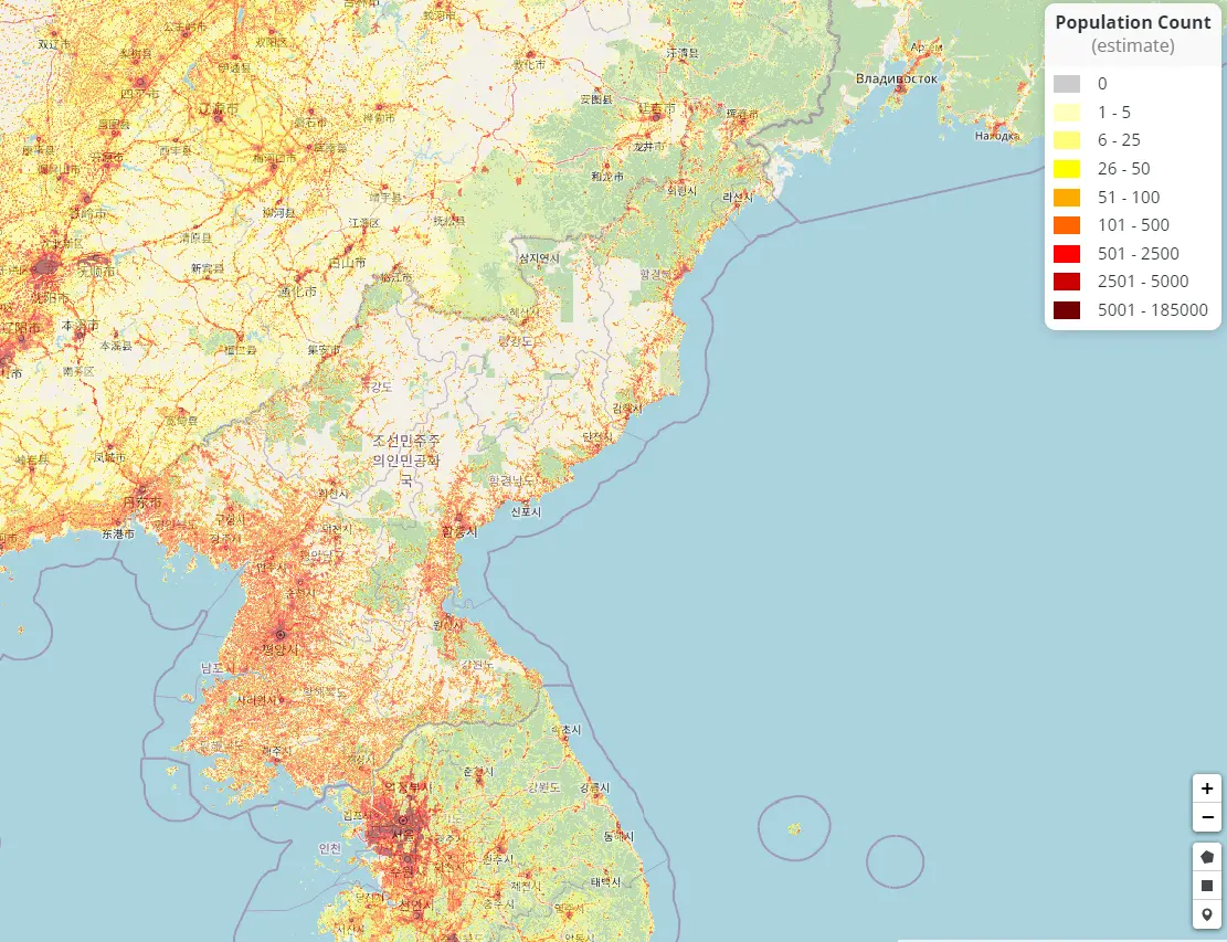 2022년 북한의 인구 분포도 | mbong.kr 엠봉