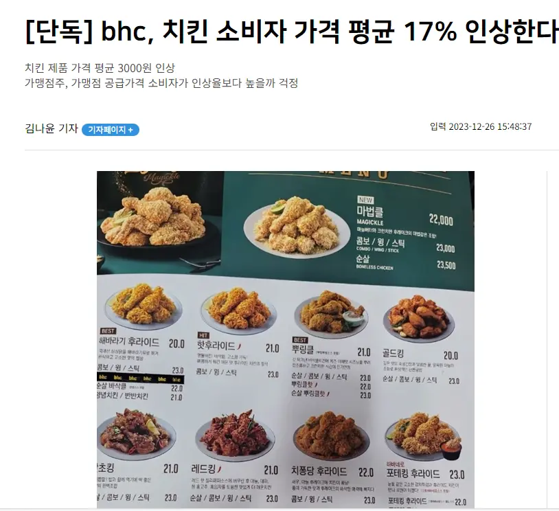 BHC, 치킨 소비자 가격 평균 17% 인상, 평균 3,000원 인상.jpg | mbong.kr 엠봉