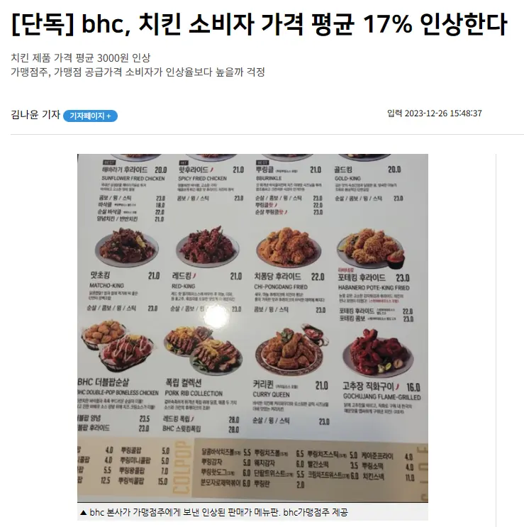 [단독] BHC, 치킨가격 평균 17% 인상. | mbong.kr 엠봉