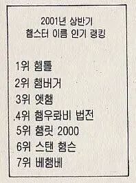 2001년 상반기 햄스터 이름 인기 랭킹.jpg | mbong.kr 엠봉