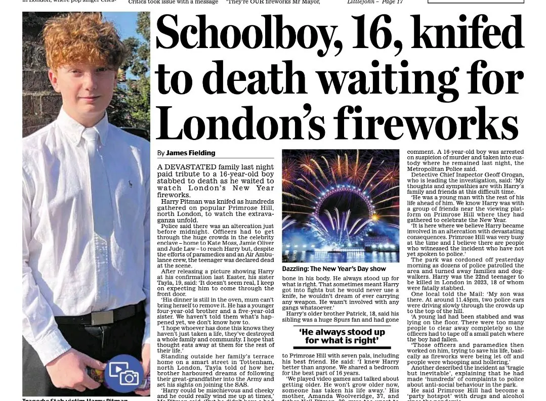 새해 전야제 런던 프림로즈힐에서 16세 소년이 칼부림에 사망 | mbong.kr 엠봉