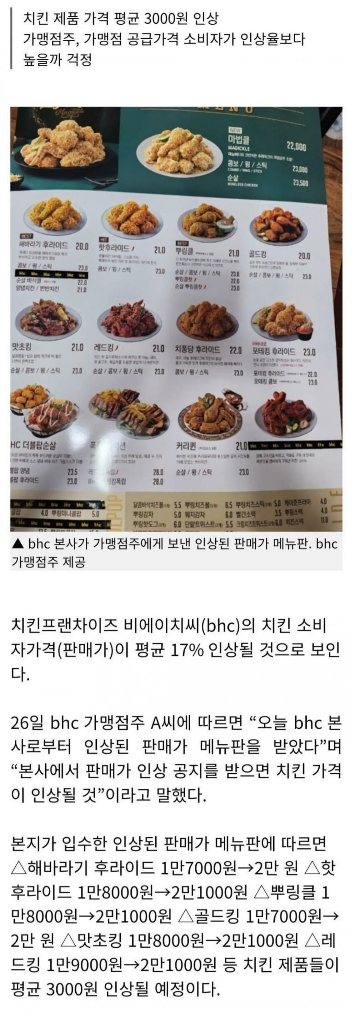 치킨업계 2024 치킨값 대폭 인상... | mbong.kr 엠봉