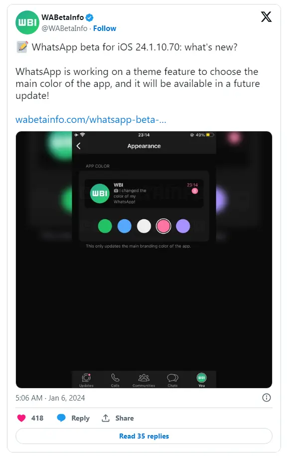WhatsApp iOS 베타에서는 앱의 주요 브랜딩 색상을 변경하기 위해 노력하고 있습니다. | mbong.kr 엠봉