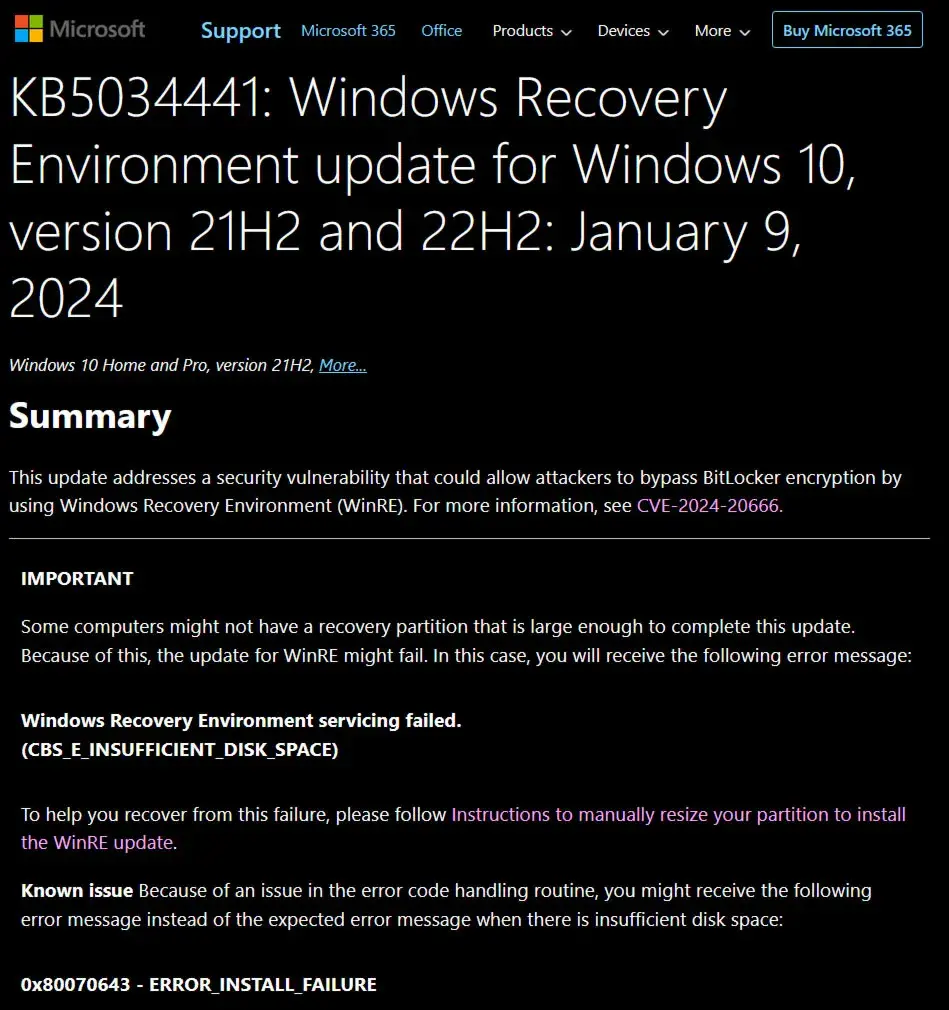BitLocker 우회를 위한 Microsoft KB5034441 Windows 10 보안패치로 오류가 발생하고 복잡한 수정 사항이 있습니다. | mbong.kr 엠봉
