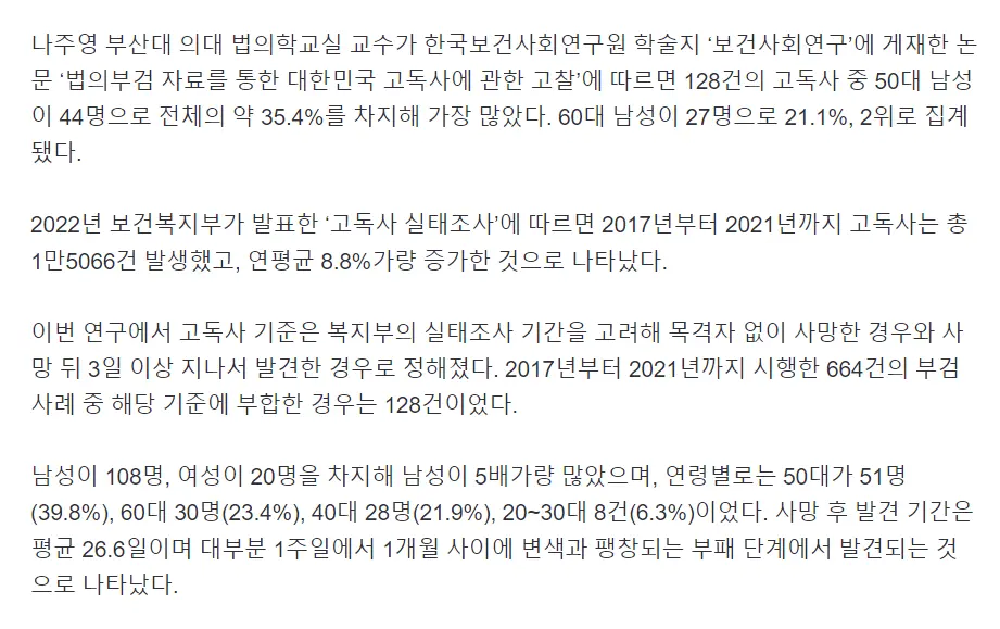5명 중 3명 음주 상태…50대 남성 가장 많은 ‘고독사’ | mbong.kr 엠봉