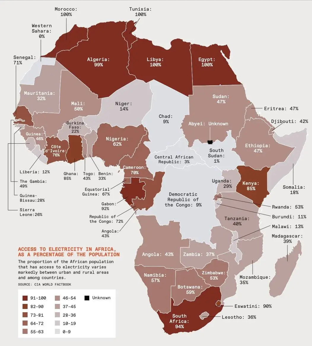 재업?) 아프리카 대륙 전기 보급률 지도 | mbong.kr 엠봉