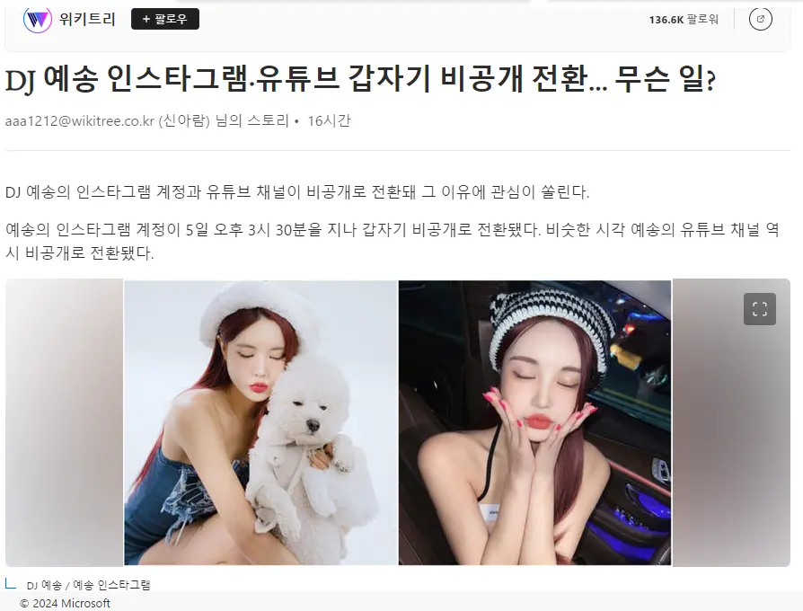 DJ 예송 인스타그램·유튜브 갑자기 비공개 전환… 무슨 일? | mbong.kr 엠봉