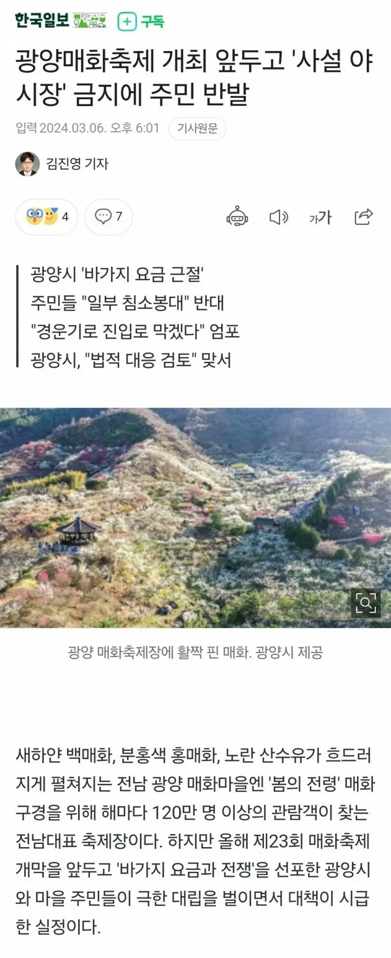 광양매화축제 개최 앞두고 '사설 야시장' 금지에 주민 반발 | mbong.kr 엠봉