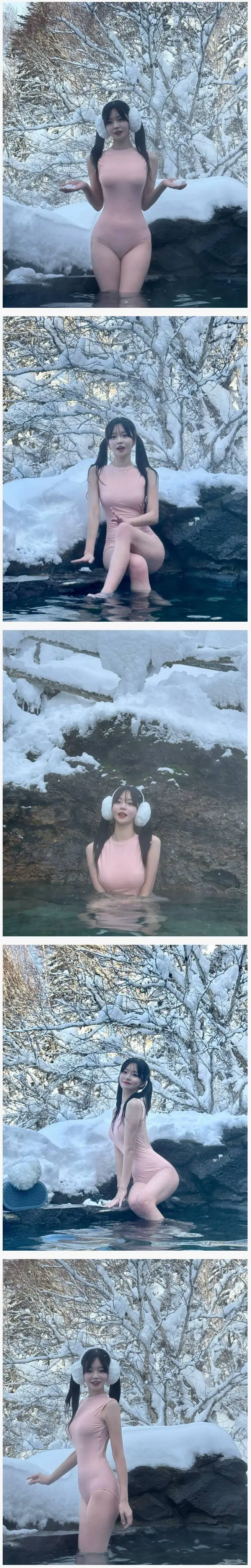 일본 노천 온천에서 박민정 분홍 소세지 같은 수영복 몸매 | mbong.kr 엠봉